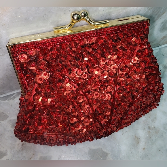 Macy's Red Gold Sequin Evening Clutch Purse Handmade Vintage - Picture 2 of 10